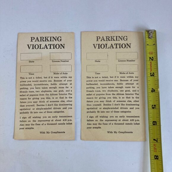 Lot 2 Vintage Parking Violation Prank Novelty Gag Fake Tickets UNUSED - Picture 2 of 4